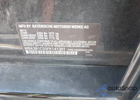 2015 BMW 320 I из США, поврежденный, VIN WBA3B1C50FK141391